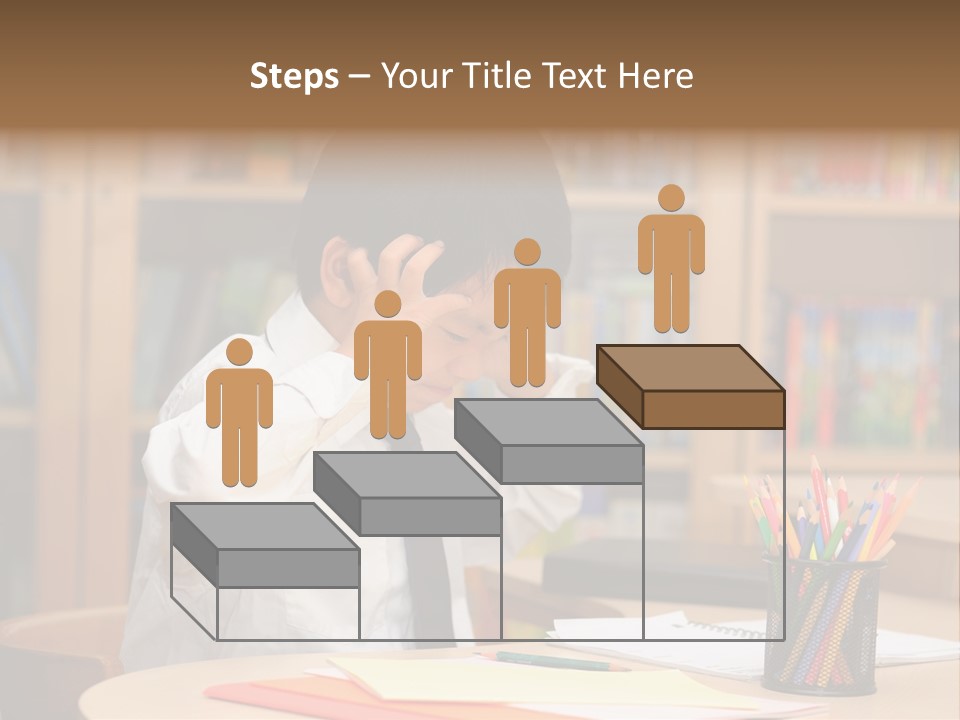 A Young Boy Sitting At A Desk In Front Of A Book Shelf PowerPoint Template
