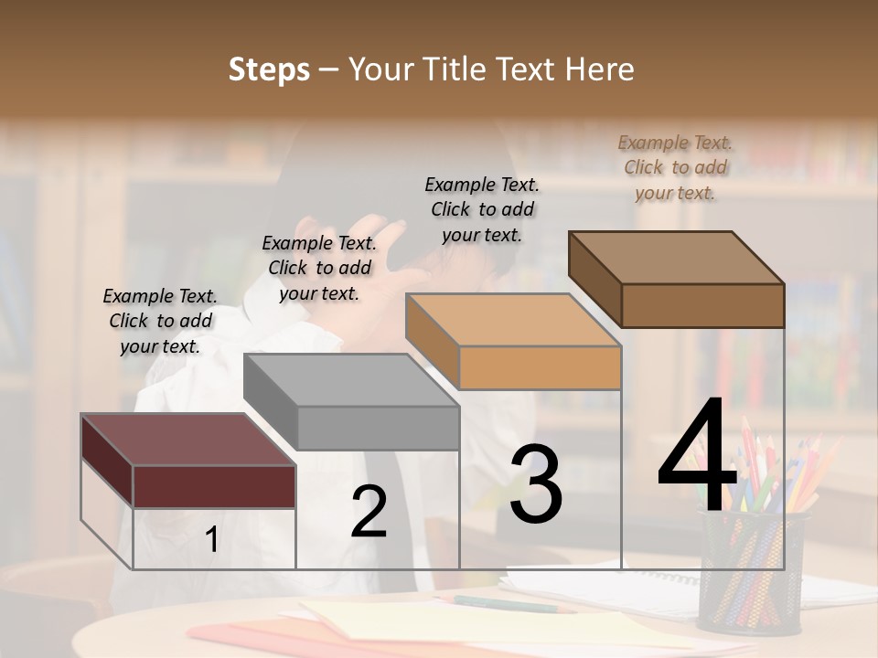 A Young Boy Sitting At A Desk In Front Of A Book Shelf PowerPoint Template