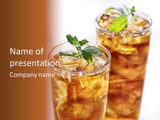 Two Glasses Of Ice Tea With Mint On A Table PowerPoint Template