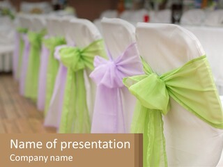 A Row Of White And Green Chairs With Bows PowerPoint Template