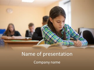 A Young Girl Sitting At A Desk With A Book In Front Of Her PowerPoint Template