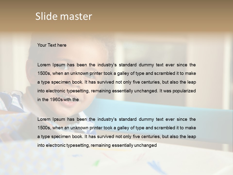 A Young Boy Sitting At A Table With A Blue Chair PowerPoint Template