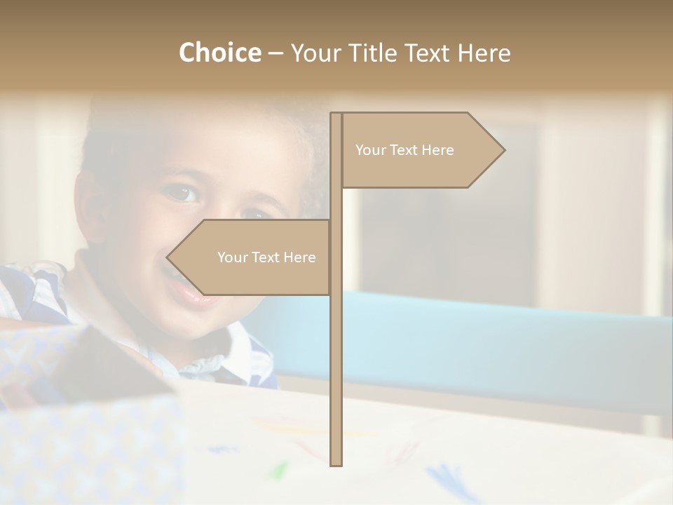 A Young Boy Sitting At A Table With A Blue Chair PowerPoint Template