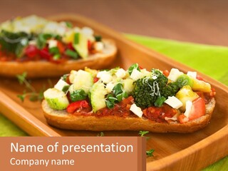 A Wooden Tray With Two Pieces Of Bread Topped With Vegetables PowerPoint Template