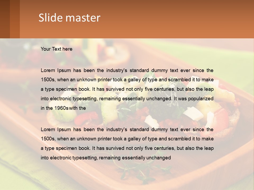 A Wooden Tray With Two Pieces Of Bread Topped With Vegetables PowerPoint Template