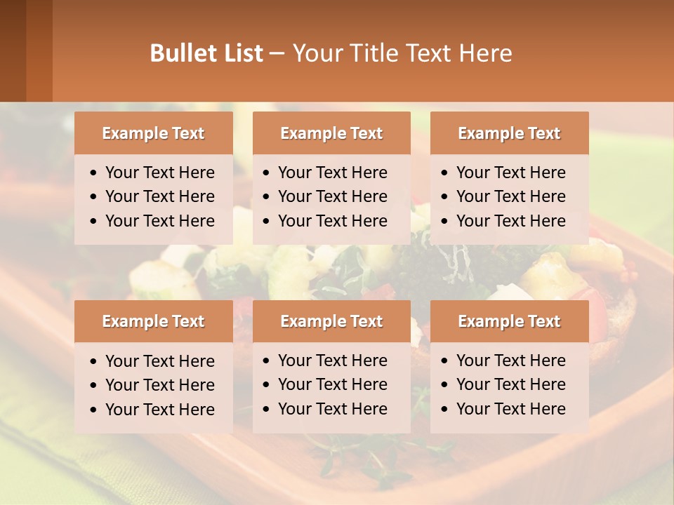 A Wooden Tray With Two Pieces Of Bread Topped With Vegetables PowerPoint Template