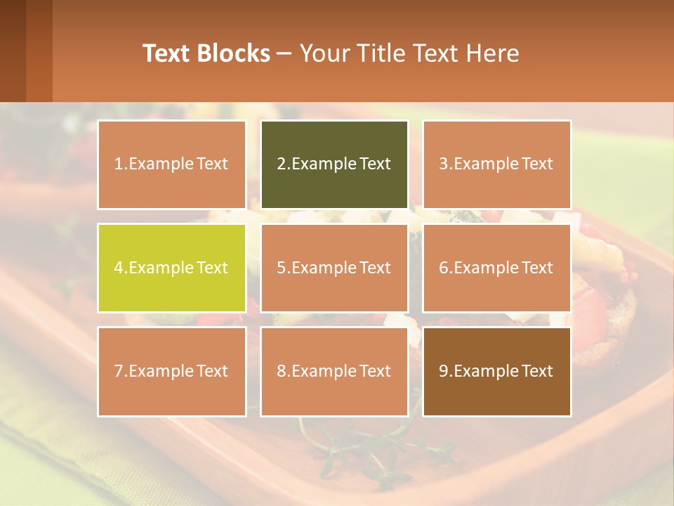 A Wooden Tray With Two Pieces Of Bread Topped With Vegetables PowerPoint Template