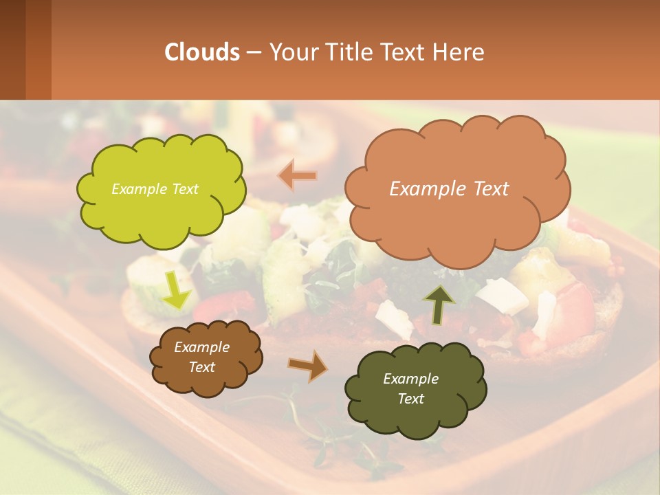 A Wooden Tray With Two Pieces Of Bread Topped With Vegetables PowerPoint Template