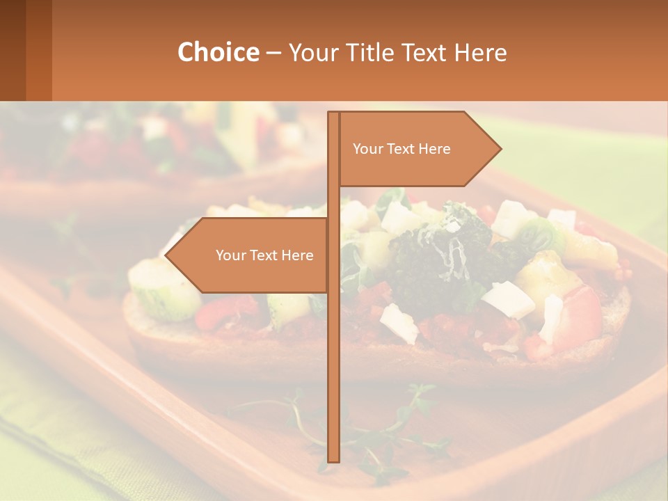 A Wooden Tray With Two Pieces Of Bread Topped With Vegetables PowerPoint Template