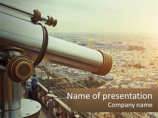 A Telescope On Top Of A Building With A City In The Background PowerPoint Template