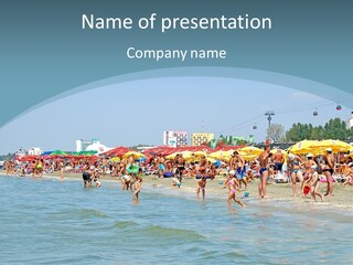 A Group Of People On A Beach With Umbrellas PowerPoint Template