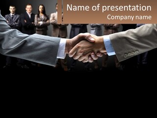 Two Men Shaking Hands In Front Of A Group Of People PowerPoint Template