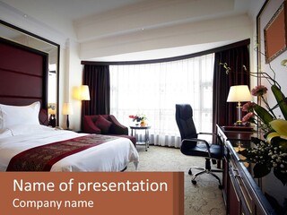 A Bed Room With A Neatly Made Bed And A Chair PowerPoint Template