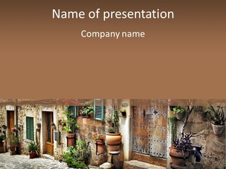 A Picture Of A Building With Potted Plants In Front Of It PowerPoint Template