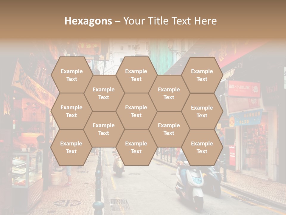 A Group Of People Riding Scooters Down A Street PowerPoint Template