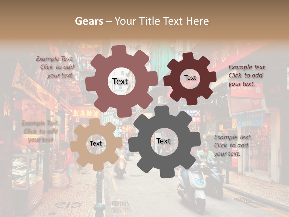 A Group Of People Riding Scooters Down A Street PowerPoint Template