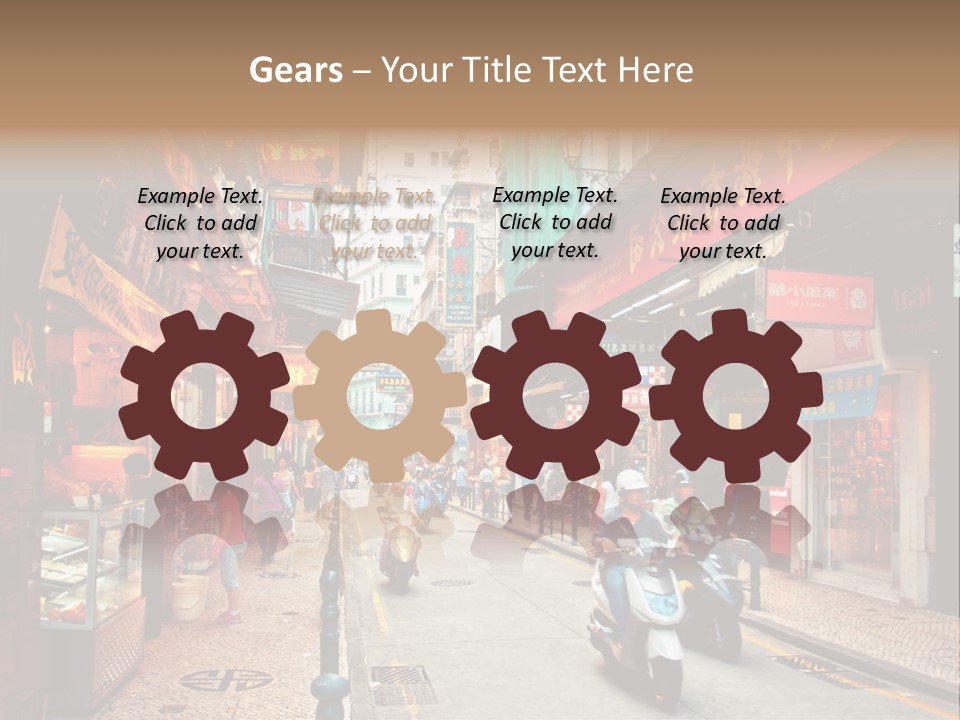 A Group Of People Riding Scooters Down A Street PowerPoint Template