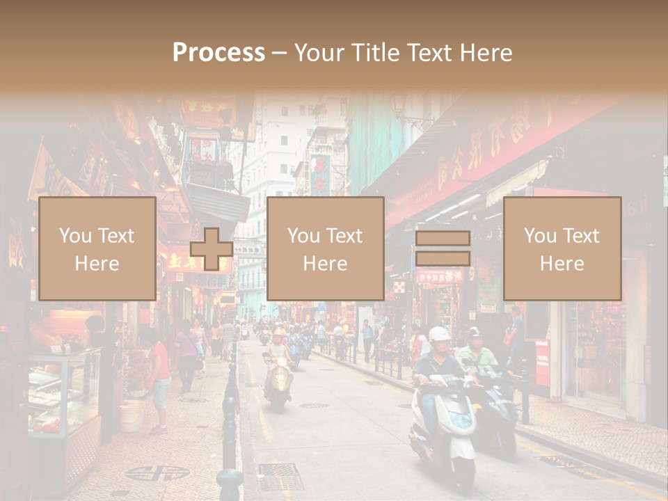 A Group Of People Riding Scooters Down A Street PowerPoint Template