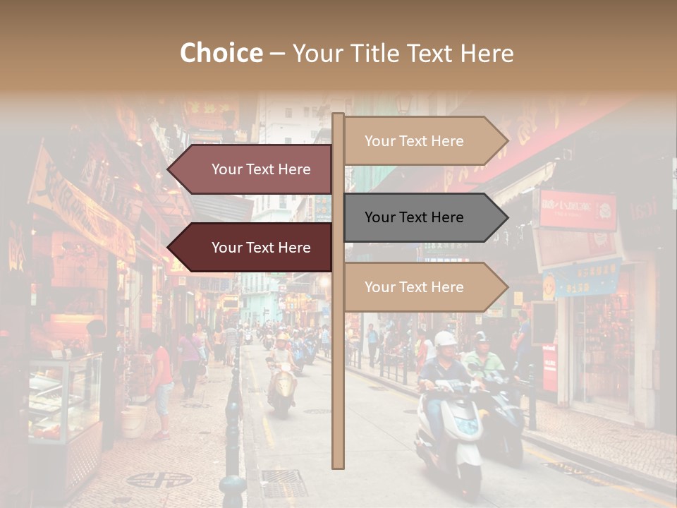 A Group Of People Riding Scooters Down A Street PowerPoint Template