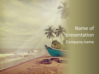 A Boat On The Beach With Palm Trees In The Background PowerPoint Template