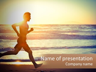 A Man Running On The Beach At Sunset PowerPoint Template