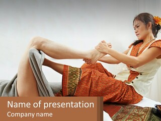 A Woman Sitting On A Bed With Her Legs Crossed PowerPoint Template