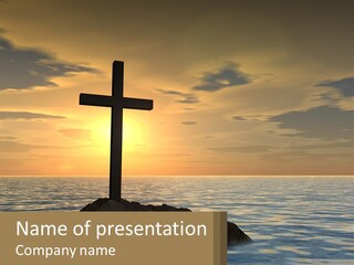 A Cross Sitting On Top Of A Rock In The Ocean PowerPoint Template