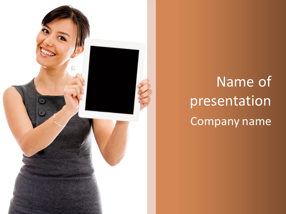 A Woman Holding A Tablet Computer With A Blank Screen PowerPoint Template