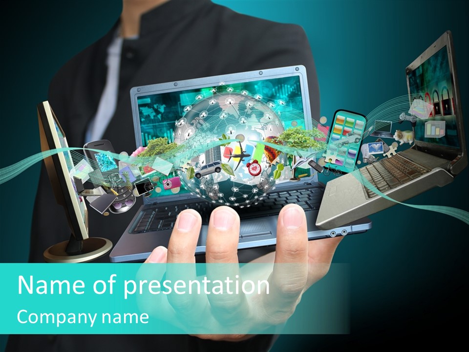 A Person Holding A Laptop With A Bunch Of Icons Coming Out Of It PowerPoint Template