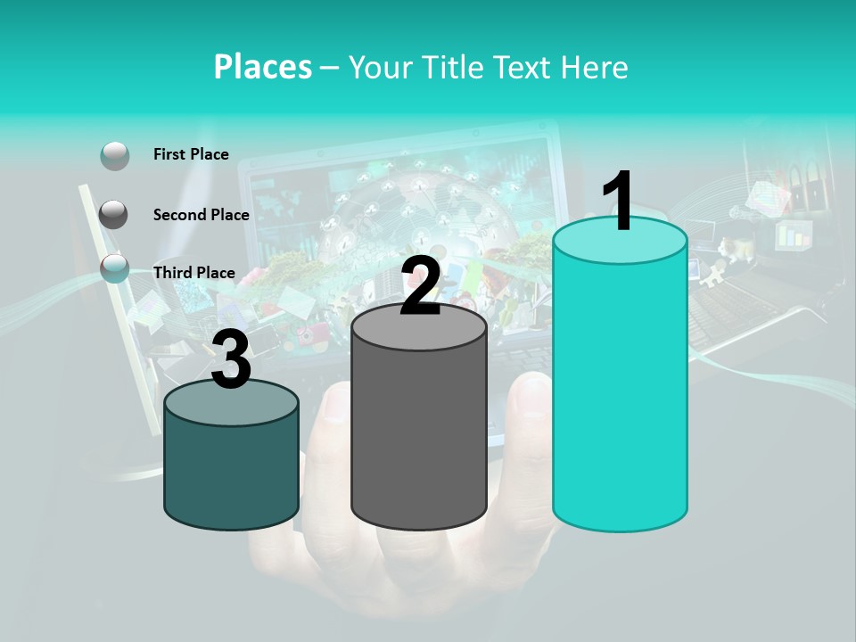 A Person Holding A Laptop With A Bunch Of Icons Coming Out Of It PowerPoint Template