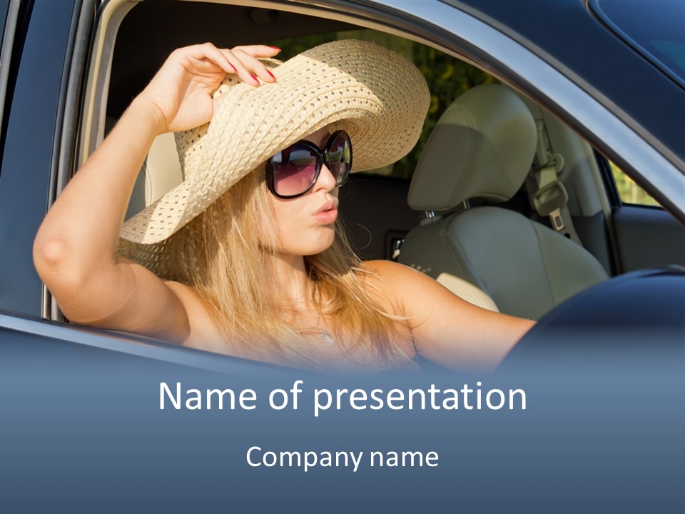 A Woman In A Hat And Sunglasses Sitting In A Car PowerPoint Template