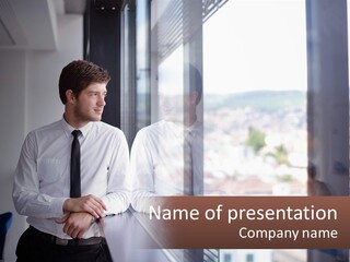 A Man Standing In Front Of A Window With His Arms Crossed PowerPoint Template