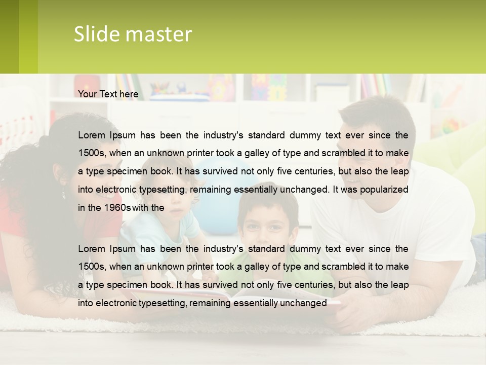 A Family Laying On The Floor With A Book PowerPoint Template