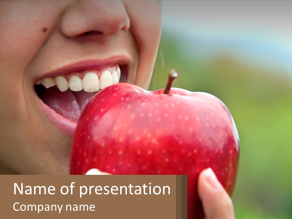 A Woman Biting Into An Apple With Her Mouth Open PowerPoint Template