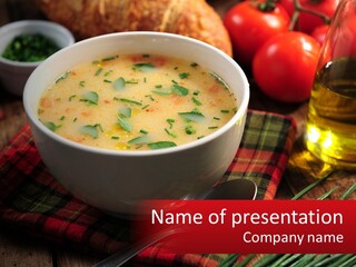 A Bowl Of Soup On A Table With Tomatoes And Bread PowerPoint Template