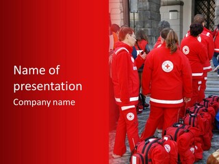 A Group Of People In Red Uniforms With Luggage PowerPoint Template