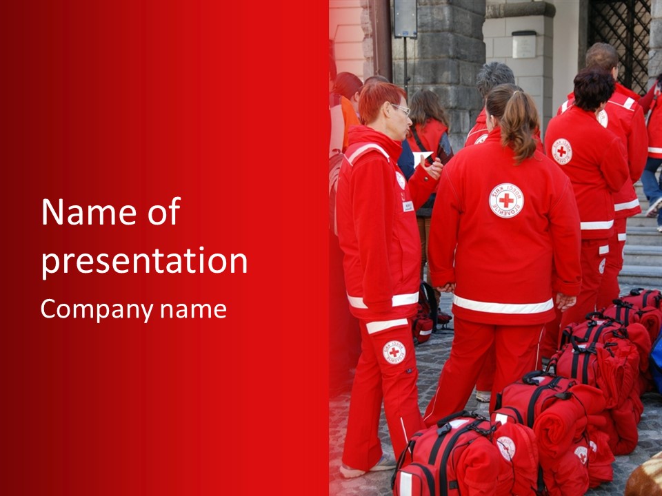 A Group Of People In Red Uniforms With Luggage PowerPoint Template