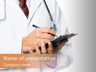 A Doctor Writing On A Clipboard With A Pen PowerPoint Template