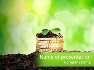 A Pile Of Coins With A Plant Growing Out Of It PowerPoint Template