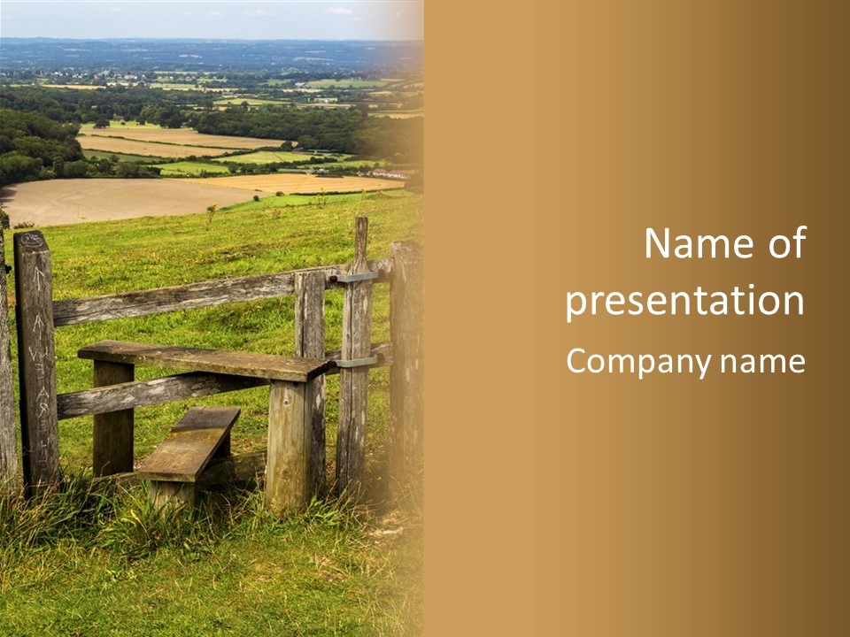 A Wooden Bench Sitting On Top Of A Lush Green Field PowerPoint Template