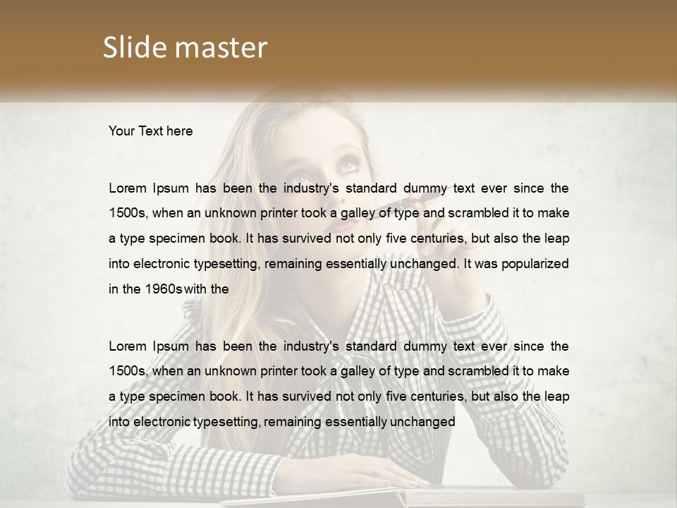 A Woman Sitting At A Table With A Pen In Her Mouth PowerPoint Template