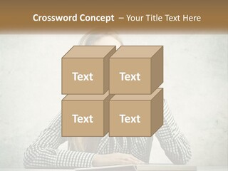 A Woman Sitting At A Table With A Pen In Her Mouth PowerPoint Template