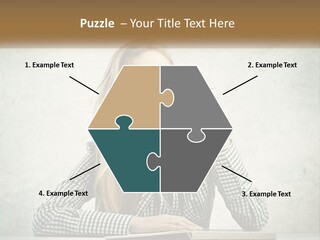 A Woman Sitting At A Table With A Pen In Her Mouth PowerPoint Template