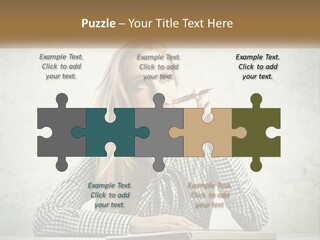 A Woman Sitting At A Table With A Pen In Her Mouth PowerPoint Template