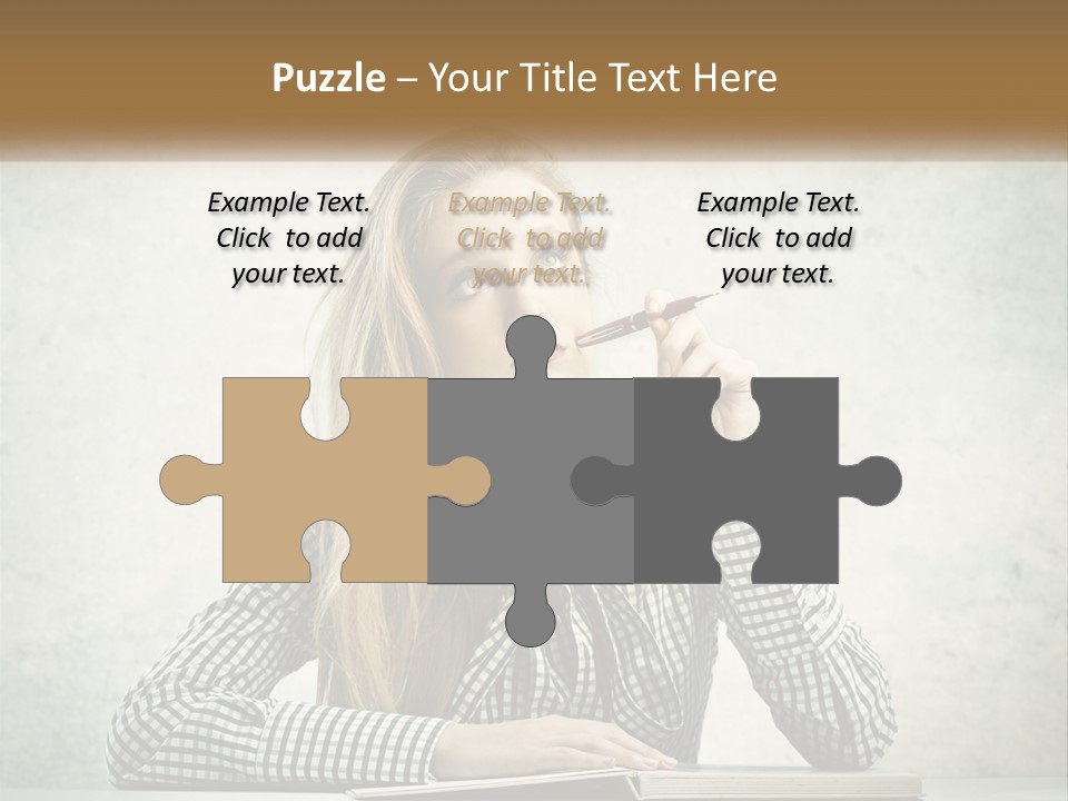 A Woman Sitting At A Table With A Pen In Her Mouth PowerPoint Template