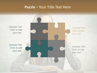 A Woman Sitting At A Table With A Pen In Her Mouth PowerPoint Template