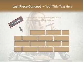 A Woman Sitting At A Table With A Pen In Her Mouth PowerPoint Template