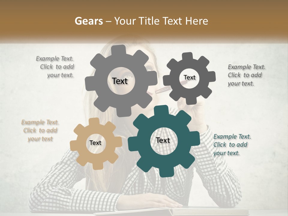 A Woman Sitting At A Table With A Pen In Her Mouth PowerPoint Template