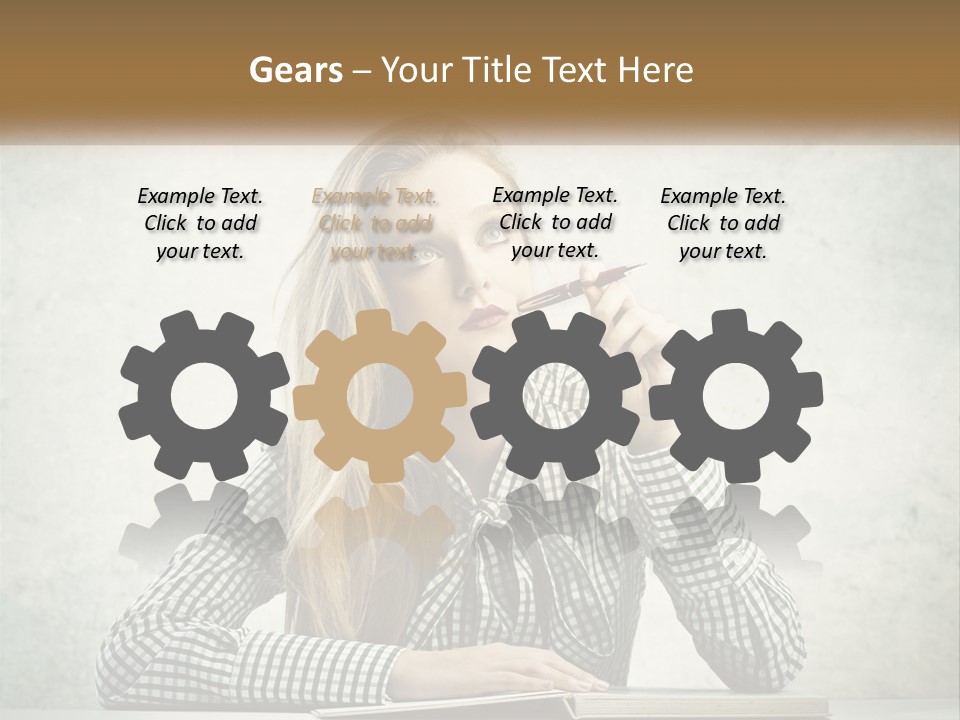 A Woman Sitting At A Table With A Pen In Her Mouth PowerPoint Template