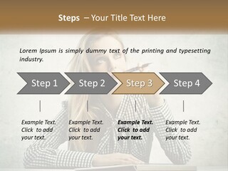 A Woman Sitting At A Table With A Pen In Her Mouth PowerPoint Template